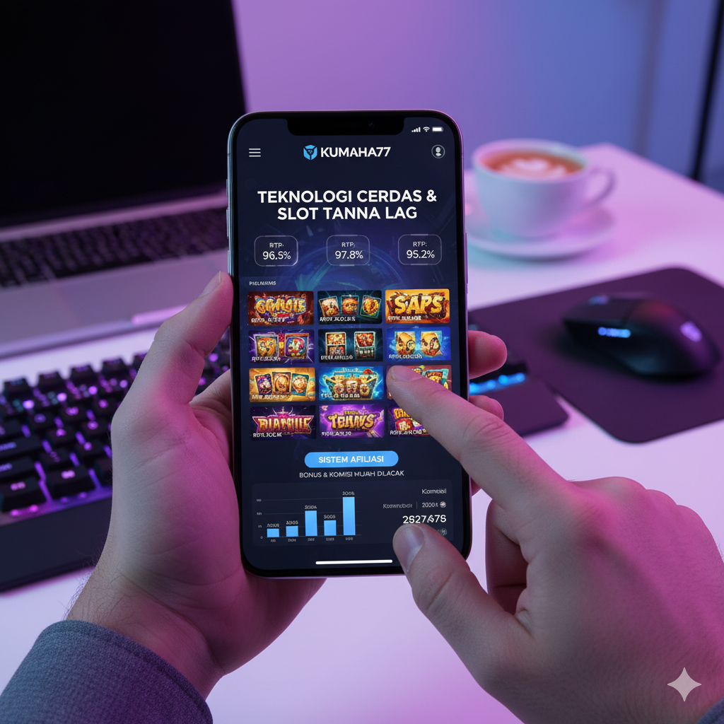 gambar yang mencerminkan pengalaman bermain di Kumaha77 dengan fokus pada teknologi cerdas, slot mobile tanpa lag, RTP transparan, dan sistem afiliasi yang mudah dipahami, semuanya diakses melalui smartphone: